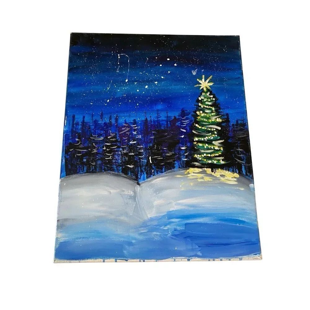 Handpainted Christmas Tree Canvas Painting Holiday Xmas Winter Snow